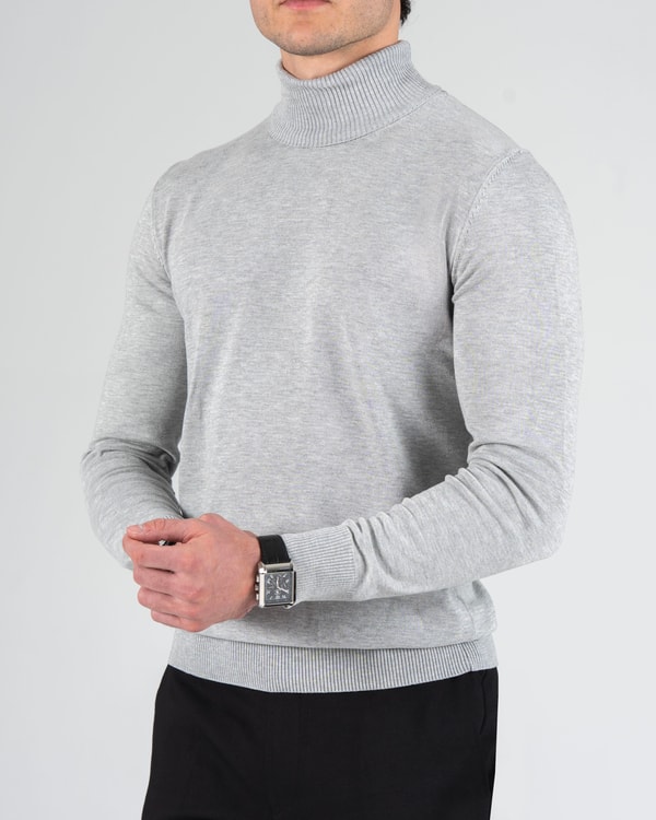İtalyan stil slim fit boğazlı erkek triko kazak gri T11388