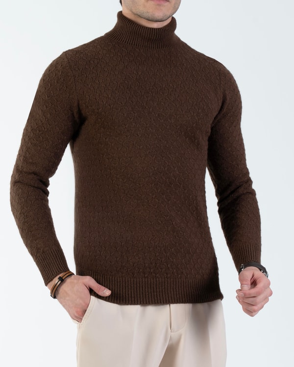 İtalyan stil slim fit boğazlı erkek triko kazak kahverengi T13005