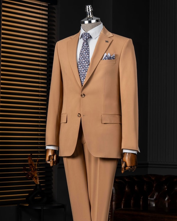 İtalyan stil slim fit ceket pantalon takım elbise camel T14000