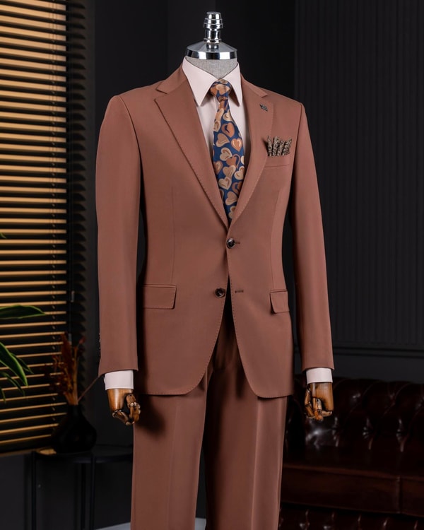 İtalyan stil slim fit ceket pantalon takım elbise kahverengi T13999