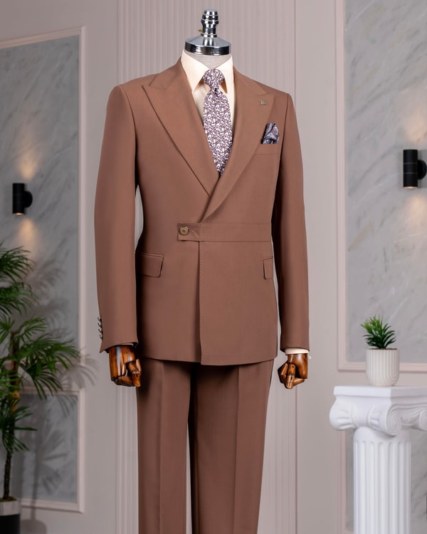 İtalyan stil slim fit ceket pantalon takım elbise kahverengi T14381
