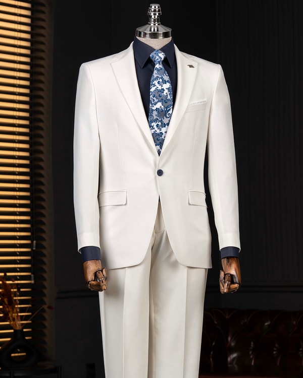 İtalyan stil slim fit ceket pantolon takım elbise ekru T14158