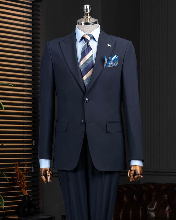 İtalyan stil slim fit ceket pantolon takım elbise lacivert T14139