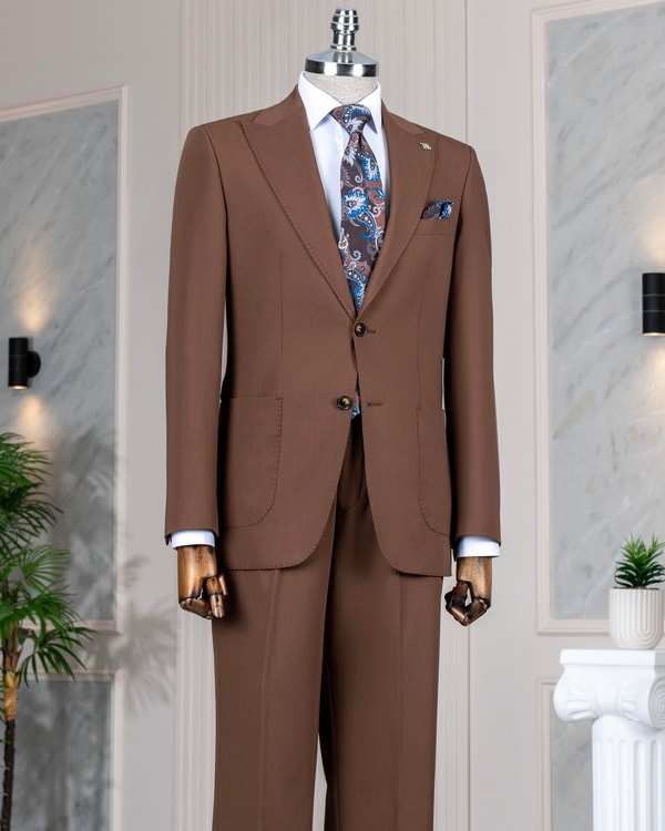 İtalyan stil slim fit ceket pantolon takım elbise kahverengi T14154