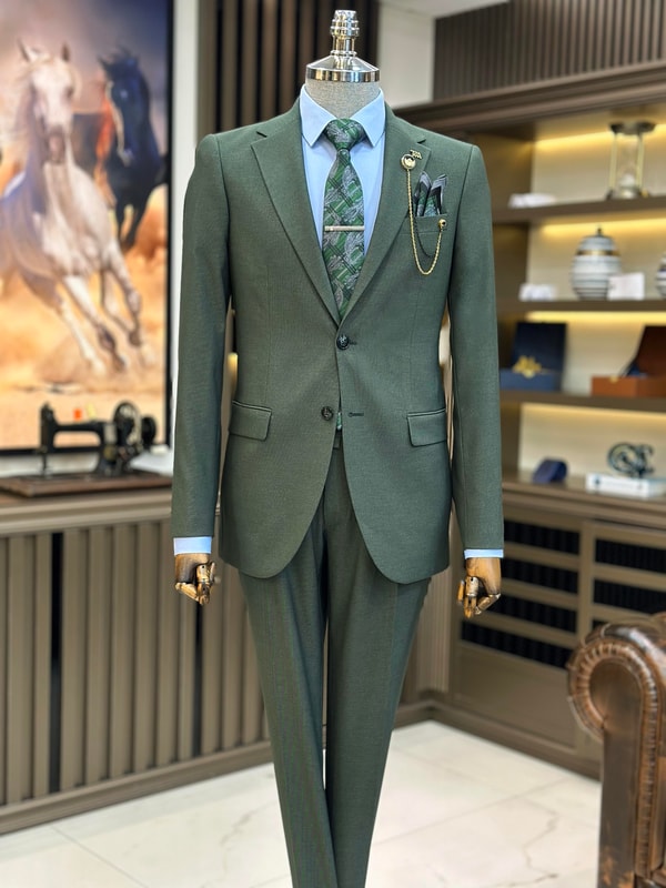 İtalyan stil slim fit ceket pantolon takım elbise yeşil T11349