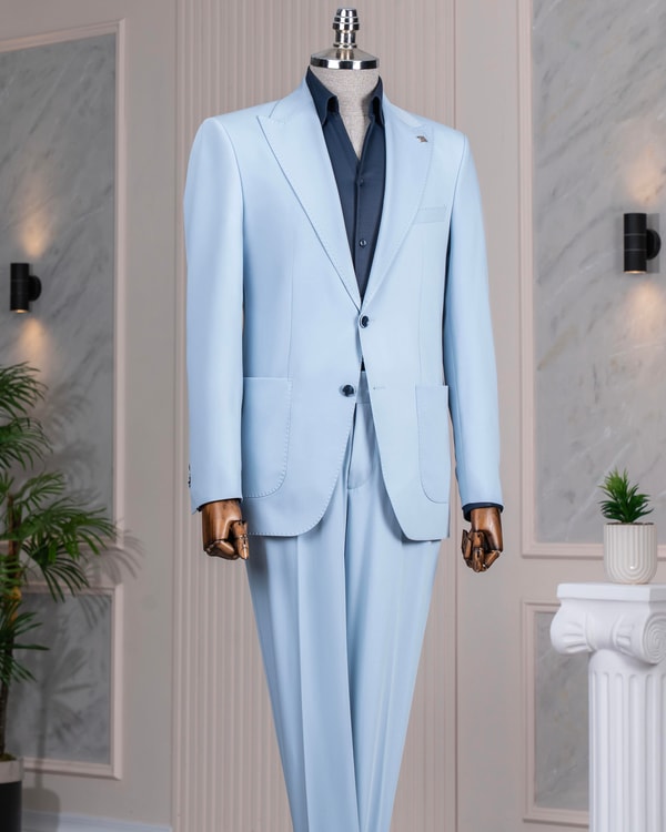 İtalyan stil slim fit ceket pantolon takım elbise mavi T14540