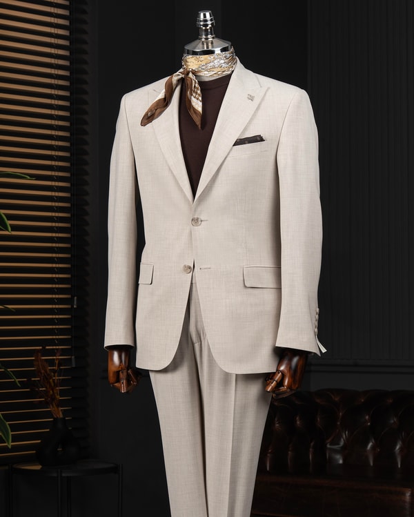İtalyan stil slim fit ceket pantolon takım elbise bej T14142