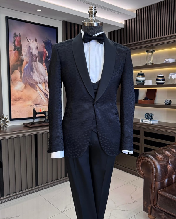 İtalyan stil slim fit ceket yelek pantolon damatlık set siyah T11633