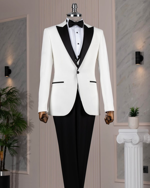İtalyan stil slim fit ceket yelek pantolon damatlık set beyaz T14462