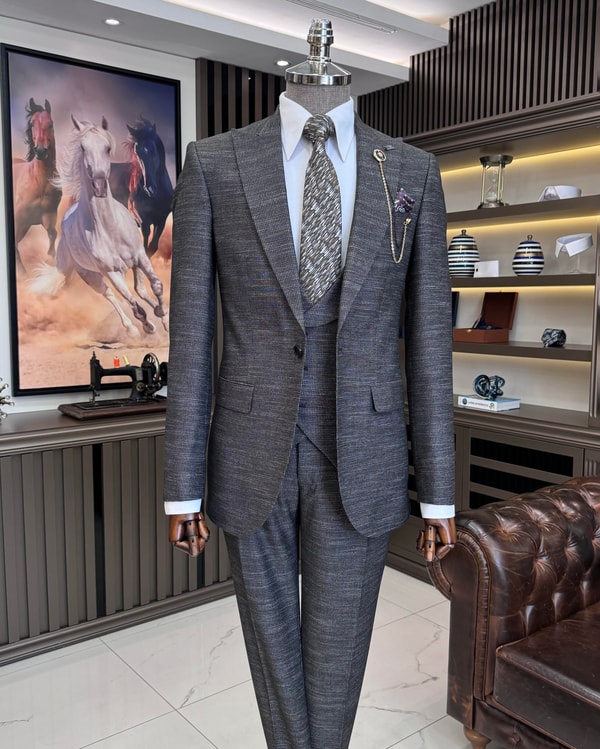 İtalyan stil slim fit ceket yelek pantolon takım elbise kahverengi T10337