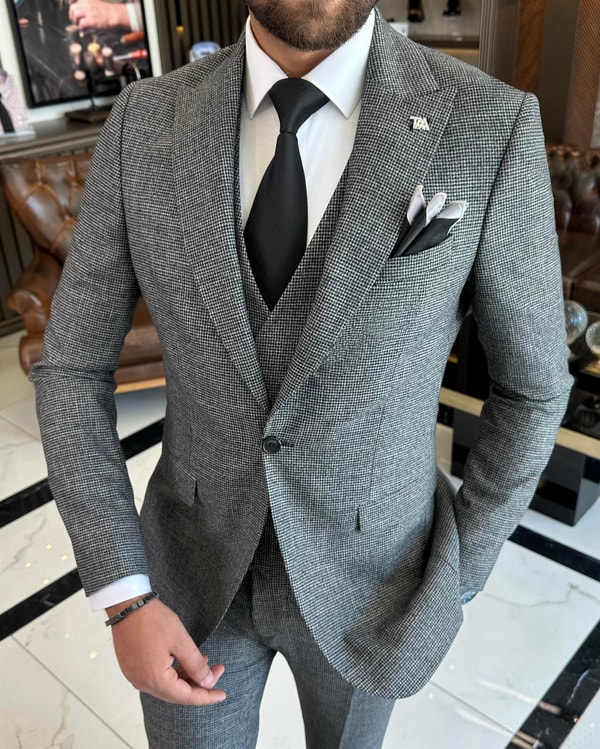 İtalyan stil slim fit ceket yelek pantolon takım elbise siyah T9796
