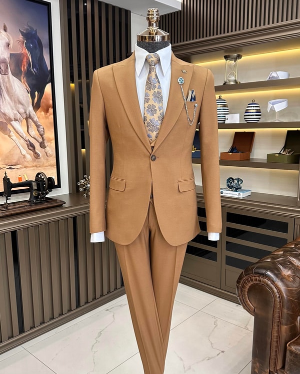 İtalyan stil slim fit ceket yelek pantolon takım elbise kahverengi T9964