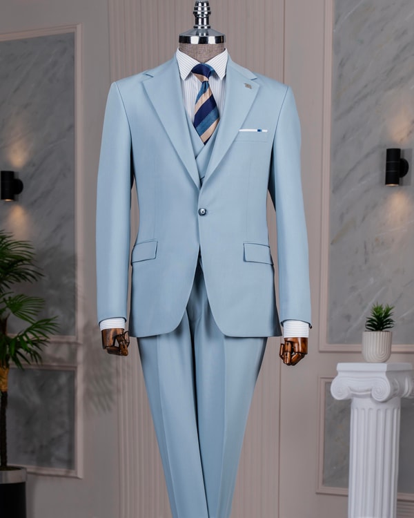 İtalyan stil slim fit ceket yelek pantolon takım elbise mavi T14185