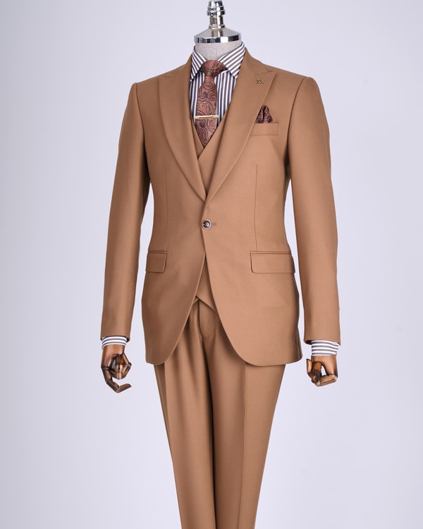 İtalyan stil slim fit ceket yelek pantolon takım elbise kahverengi T13502