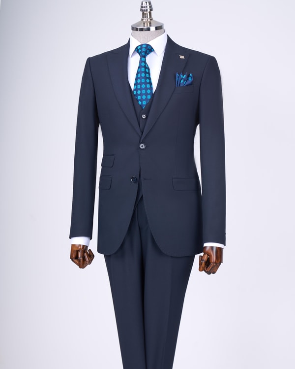 İtalyan stil slim fit ceket yelek pantolon takım elbise lacivert T11393