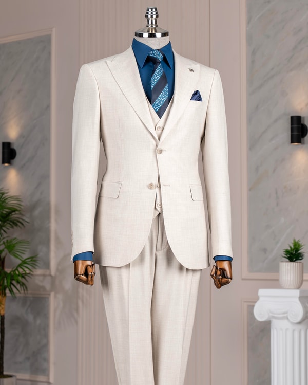 İtalyan stil slim fit ceket yelek pantolon takım elbise bej T14356