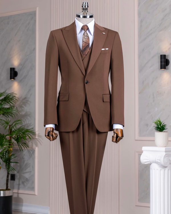 İtalyan stil slim fit ceket yelek pantalon takım elbise kahverengi  T13958
