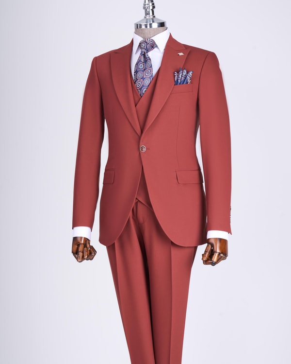 İtalyan stil slim fit ceket yelek pantolon takım elbise kiremit T13496