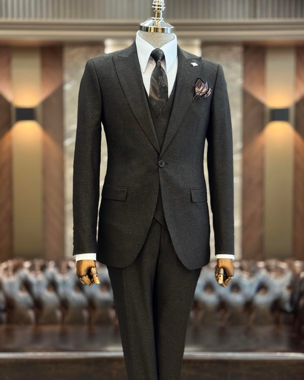 İtalyan stil slim fit ceket yelek pantolon takım elbise kahverengi T9954