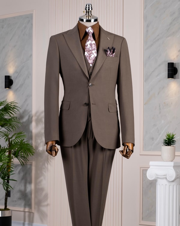 İtalyan stil slim fit ceket yelek pantolon takım elbise kahverengi T14144