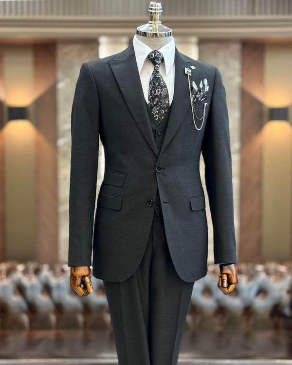 İtalyan stil slim fit ceket yelek pantolon takım elbise antrasit T11395