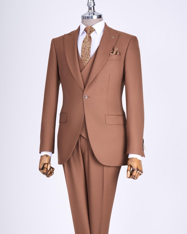 İtalyan stil slim fit ceket yelek pantolon takım elbise kahverengi T13500
