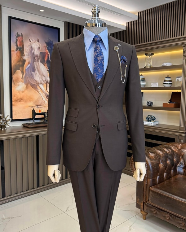 İtalyan stil slim fit ceket yelek pantolon takım elbise kahverengi T11398