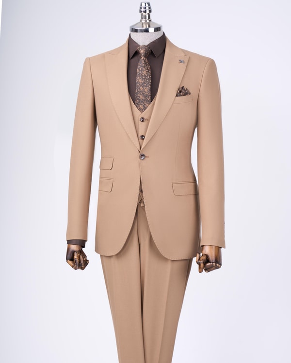 İtalyan stil slim fit ceket yelek pantolon takım elbise camel T11487