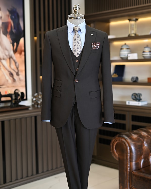 İtalyan stil slim fit ceket yelek pantolon takım elbise kahverengi T11479
