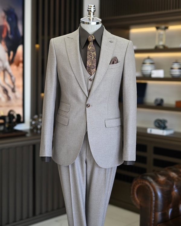 İtalyan stil slim fit ceket yelek pantolon takım elbise vizon T11483