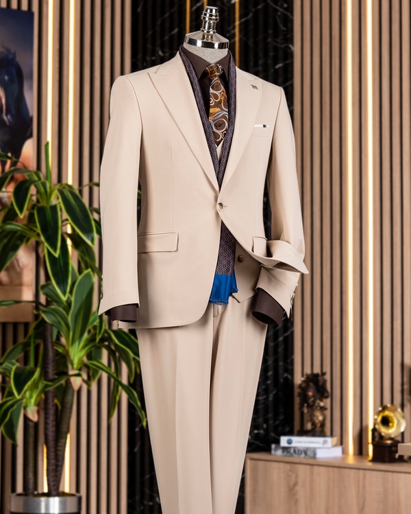 İtalyan stil slim fit ceket yelek pantalon takım elbise bej T13959