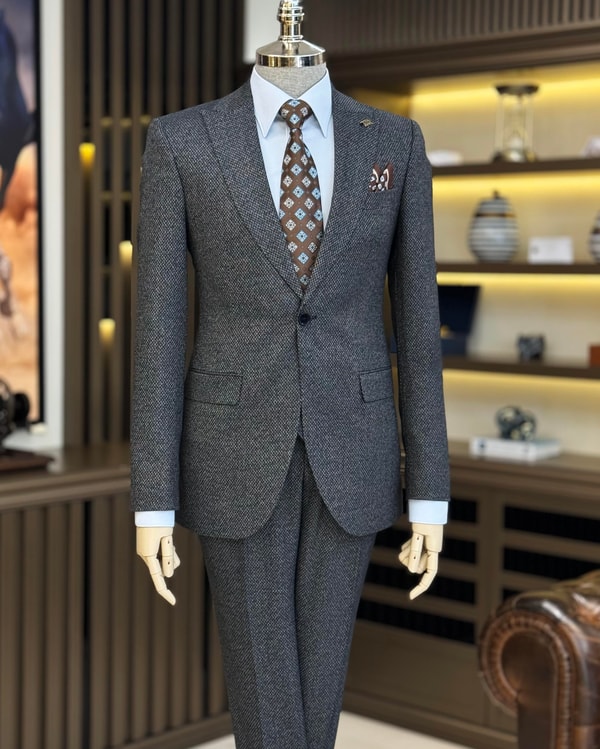 İtalyan stil slim fit ceket yelek pantolon takım elbise siyah T10319