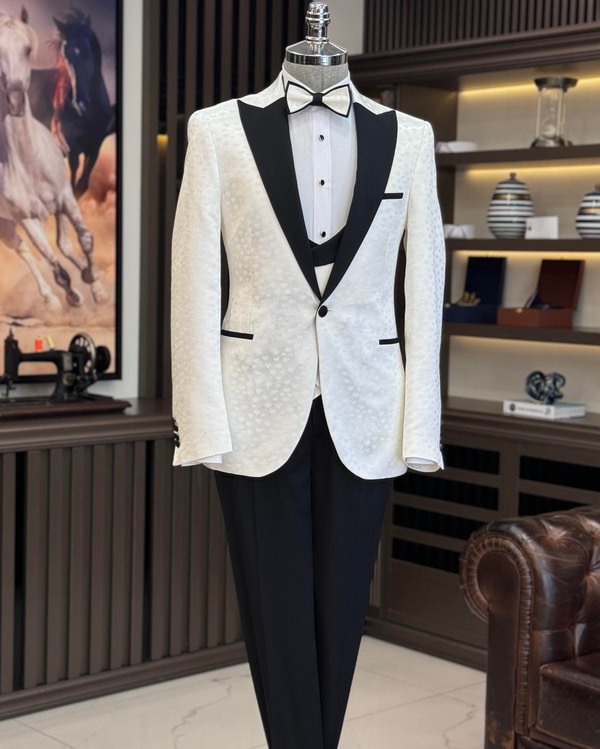 İtalyan stil slim fit ceket yelek pantolon damatlık set beyaz T11636