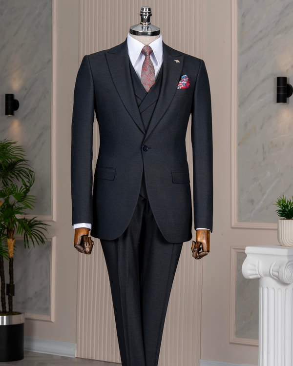 İtalyan stil slim fit ceket yelek pantolon takım elbise lacivert T11447