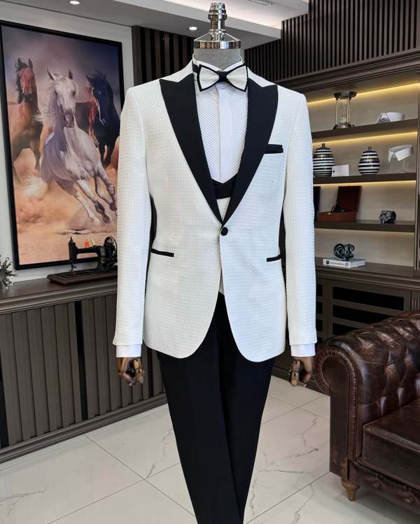 İtalyan stil slim fit ceket yelek pantolon damatlık set beyaz T11637