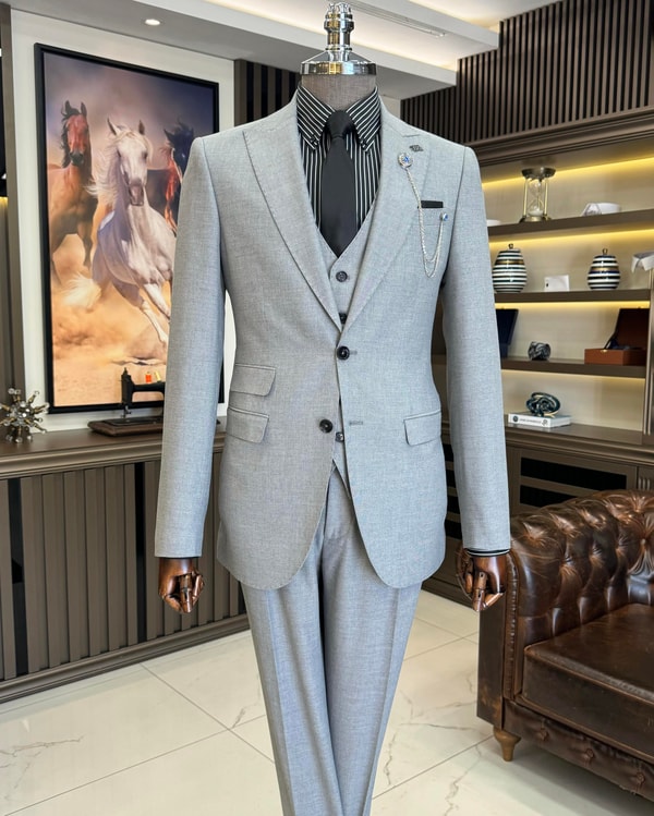 İtalyan stil slim fit ceket yelek pantolon takım elbise gri T11399