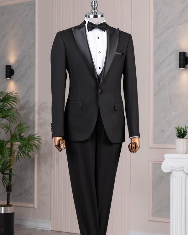 İtalyan stil slim fit ceket yelek pantolon damatlık set siyah T14268