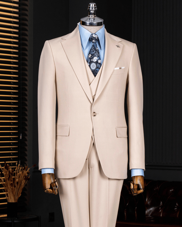 İtalyan stil slim fit ceket yelek pantolon takım elbise bej T14184