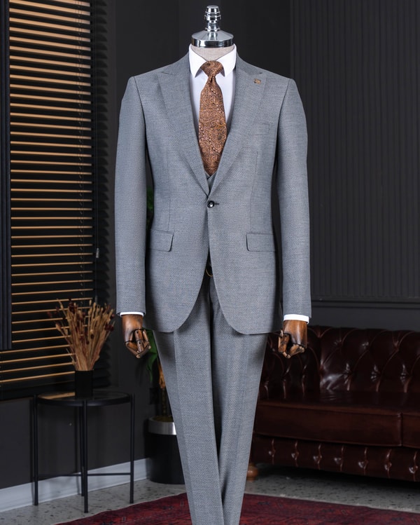 İtalyan stil slim fit ceket yelek pantolon takım elbise gri T10332