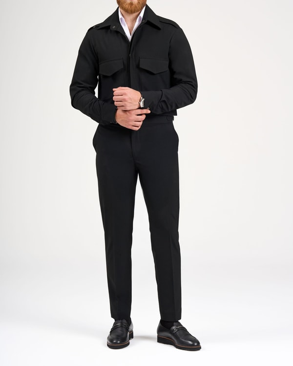 italyan stil slim fit cep detaylı gömlek pantolon takım elbise siyah T11966