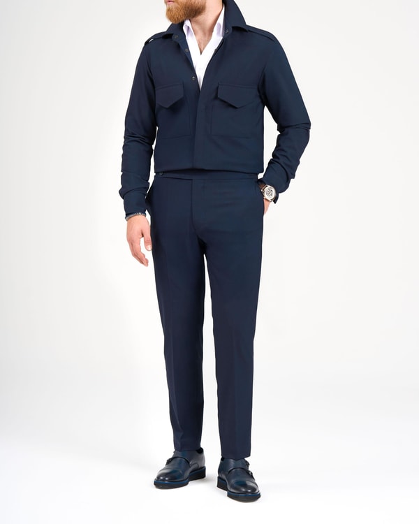 italyan stil slim fit cep detaylı gömlek pantolon takım elbise lacivert T11967