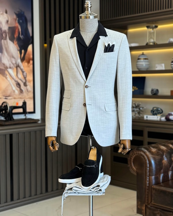 İtalyan stil slim fit çizgili ceket beli bağlamalı pantolon takım elbise gri T11812