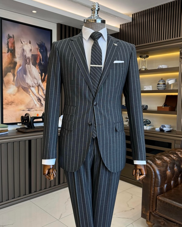 İtalyan stil slim fit çizgili ceket pantolon takım elbise antrasit T11932