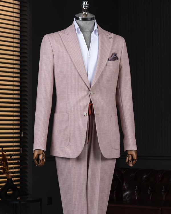 İtalyan stil slim fit çizgili ceket pantalon takım elbise pembe T12454