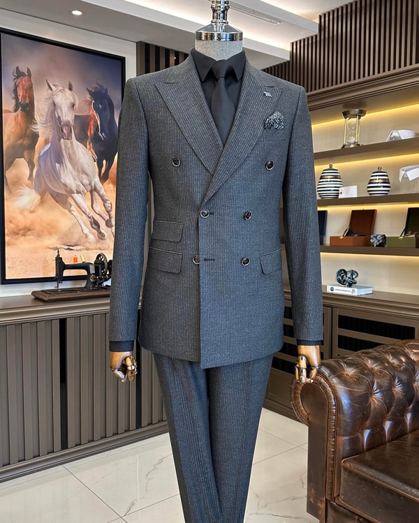 İtalyan stil slim fit çizgili ceket pantolon takım elbise antrasit T9947