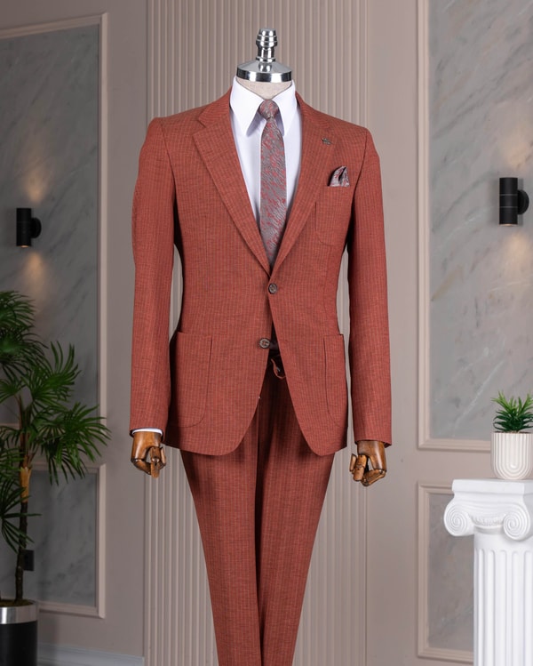 İtalyan stil slim fit çizgili erkek ceket pantolon takım elbise kiremit T12914