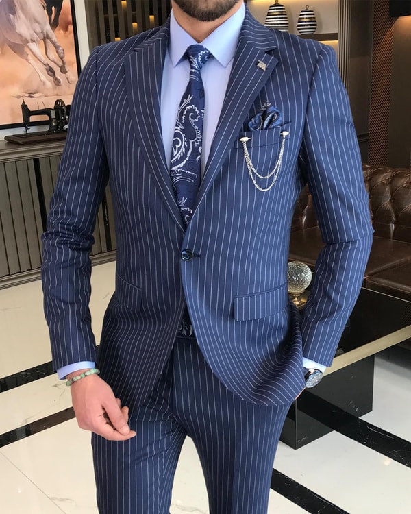 İtalyan stil slim fit çizgili erkek ceket pantolon takım elbise Lacivert T4897