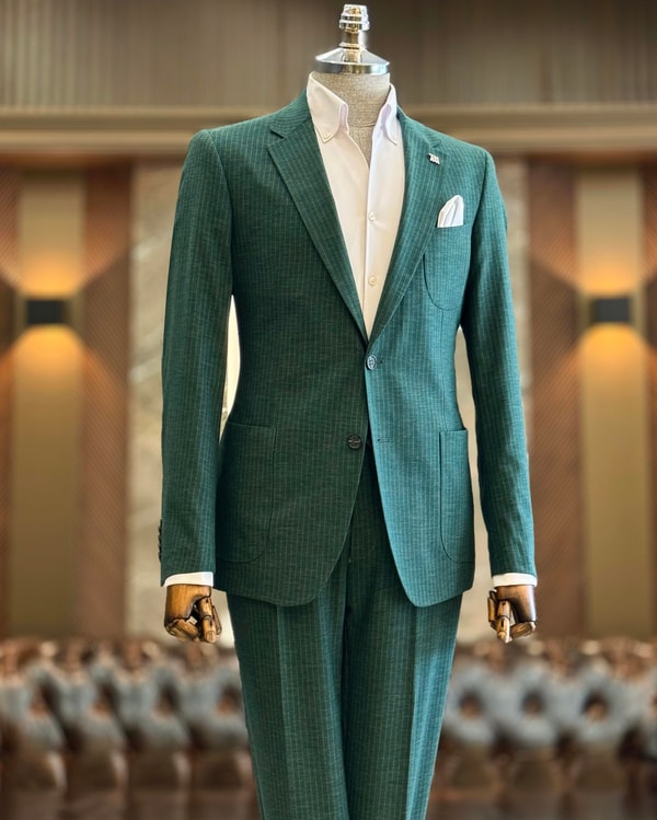 İtalyan stil slim fit çizgili erkek ceket pantolon takım elbise yeşil  T12908
