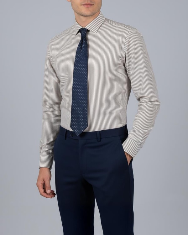 İtalyan stil slim fit çizgili kravat yaka erkek gömlek bej T13803