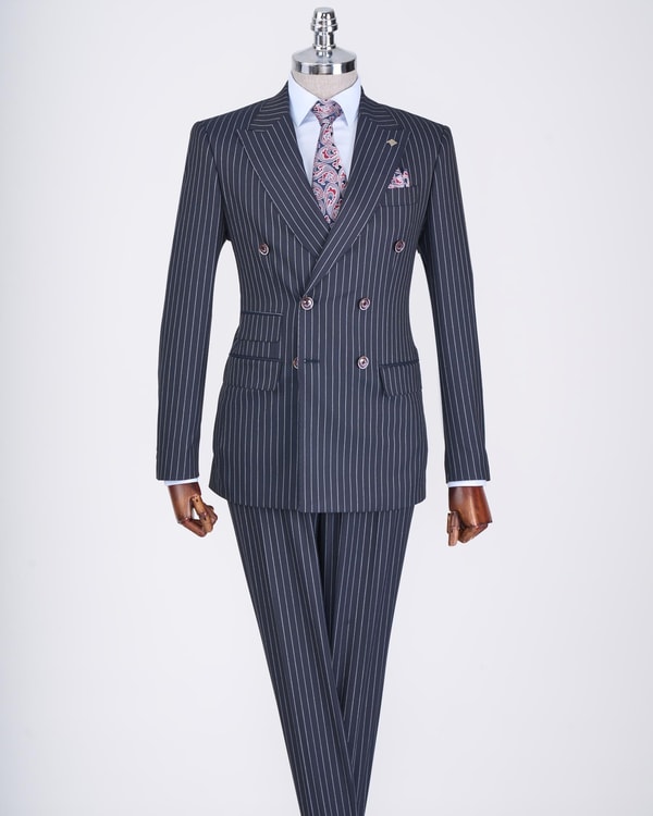 İtalyan stil slim fit çizgili kruvaze ceket pantolon takım elbise lacivert T13060